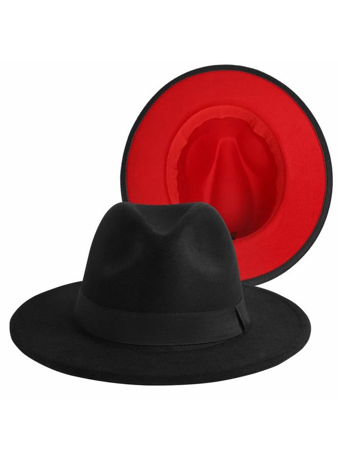 EXTREE Men & Women Wide Brim Wool Felt Fedora Hat with Belt Buckle Unisex Floppy Panama Hat Cowboy Cap Sunhat, Black-red, Medium-Large - Image 4
