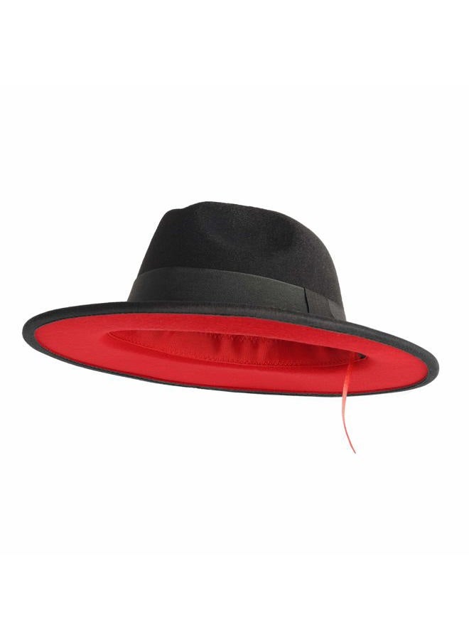 EXTREE Men & Women Wide Brim Wool Felt Fedora Hat with Belt Buckle Unisex Floppy Panama Hat Cowboy Cap Sunhat, Black-red, Medium-Large - Image 1