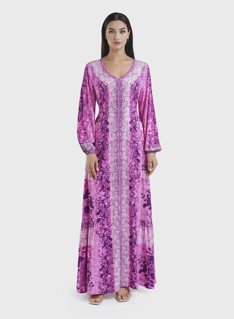 KASHKHA Animal and Floral Print Side Tiered Jalabiya (VDK309)