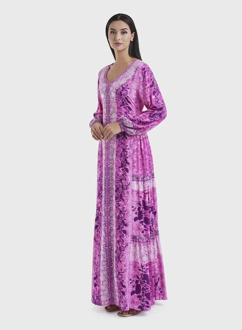KASHKHA  Animal and Floral Print Side Tiered Jalabiya (VDK309) for Women | Best Price UAE