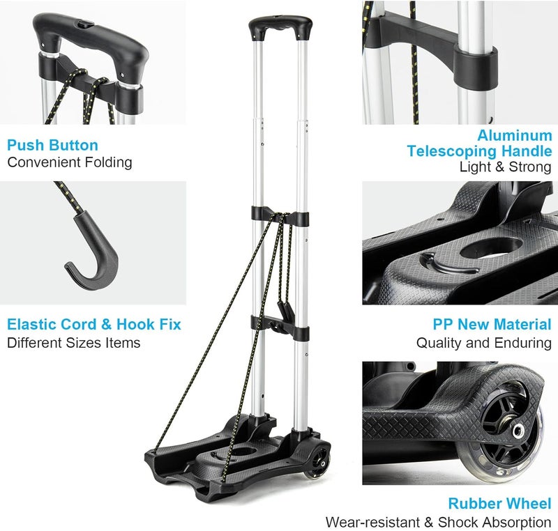 Vsaikeo Small Folding Hand Truck Dolly with 2 Wheels, Lightweight Aluminum Foldable Luggage Cart, Collapsible Cart Portable Dolly for Airport Travel Moving Use - Image 4