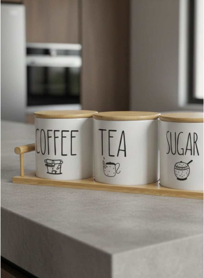 CASA HOME CasaHome Porcelain Coffee Tea Sugar Canister Set with Bamboo Lids & Tray – Classic White & Natural Bamboo, Elegant Countertop Storage - Image 2
