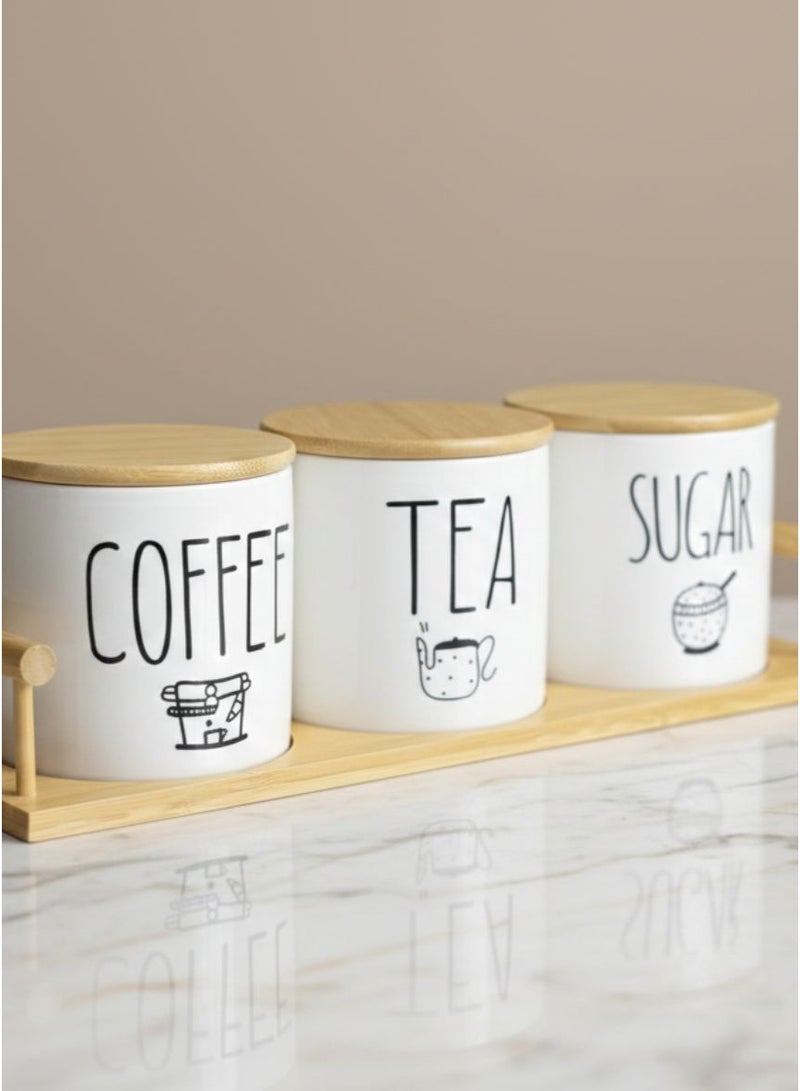 CASA HOME CasaHome Porcelain Coffee Tea Sugar Canister Set with Bamboo Lids & Tray – Classic White & Natural Bamboo, Elegant Countertop Storage - Image 1