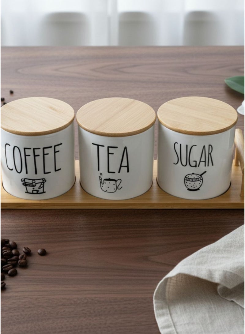 CASA HOME CasaHome Porcelain Coffee Tea Sugar Canister Set with Bamboo Lids & Tray – Classic White & Natural Bamboo, Elegant Countertop Storage - Image 3