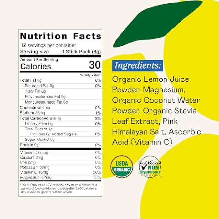 GOODONYA Organic Hydration Electrolyte Drink Mix, Certified Organic Hydration Powder, Non-GMO, Biochecked Glyphosate Free, Low Sugar, Lemonade Flavor, No Artificial Flavors,12 Stick Packs - Image 2