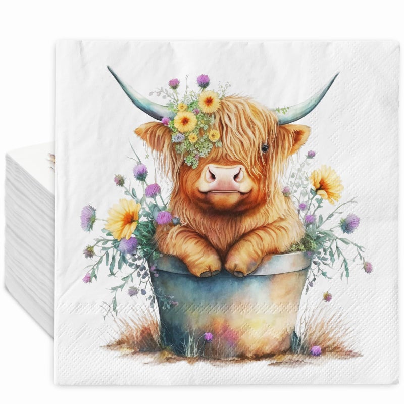 80Pcs Cute Highland Cow Paper Napkins Rustic Farmhouse Disposable Luncheon Napkins Cute Cow Dessert Dinner Hand Napkin for Home Kitchen Party Supplies, 6.5 x 6.5 Inch - Image 1