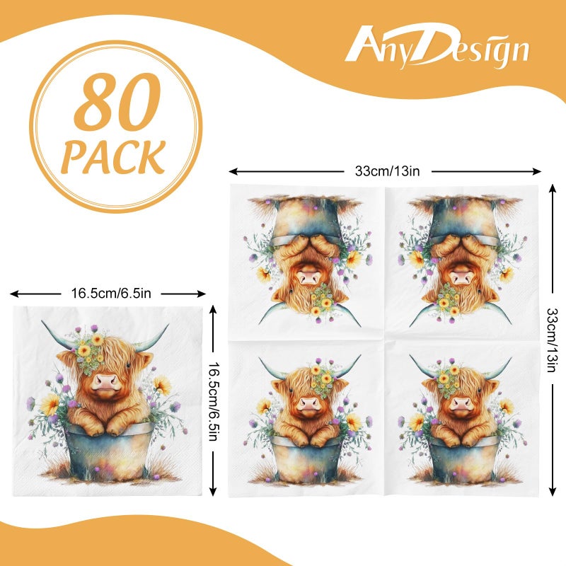 80Pcs Cute Highland Cow Paper Napkins Rustic Farmhouse Disposable Luncheon Napkins Cute Cow Dessert Dinner Hand Napkin for Home Kitchen Party Supplies, 6.5 x 6.5 Inch - Image 2