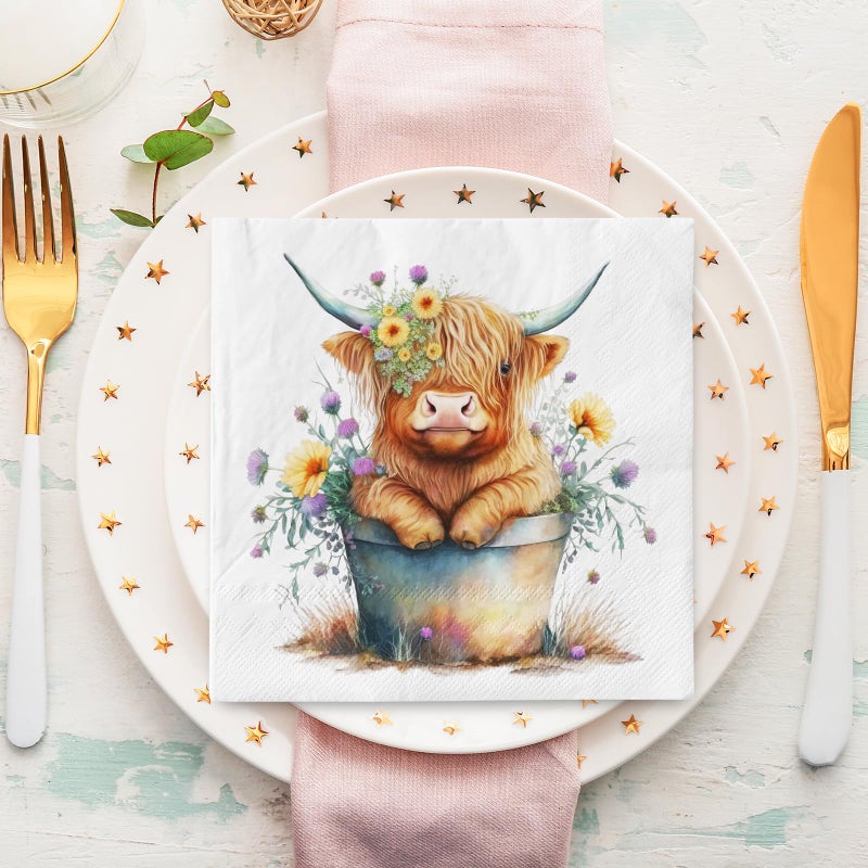 80Pcs Cute Highland Cow Paper Napkins Rustic Farmhouse Disposable Luncheon Napkins Cute Cow Dessert Dinner Hand Napkin for Home Kitchen Party Supplies, 6.5 x 6.5 Inch - Image 4