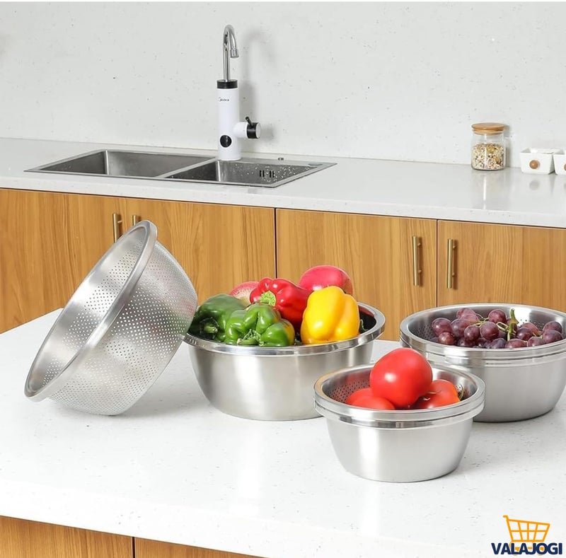 Valajogi 2 Pcs Stainless Steel Colander Bowl Set, Drainer Basket Basin for Washing Vegetables, Fruit Microporous Set Kitchen Strainer Vegetables Fruit, Salad,Rice, Pasta-Mixing Bowls Heavy Duty - Image 5