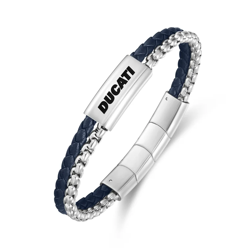 Ducati Drifter Blue Leather with Silver Chain Bracelet for Men