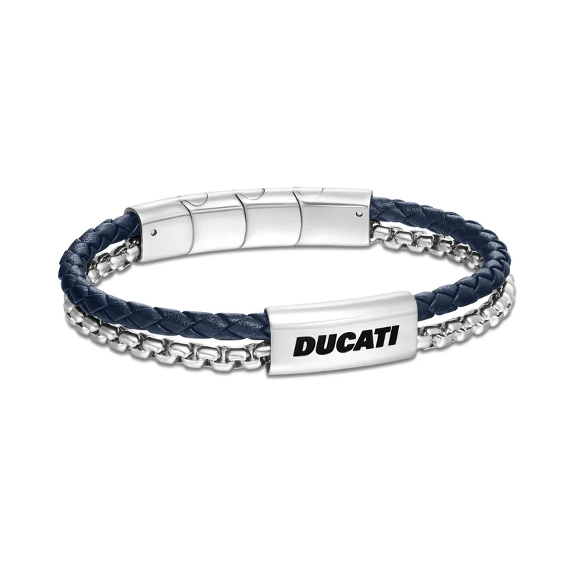 Ducati Drifter Blue Leather with Silver Chain Bracelet for Men