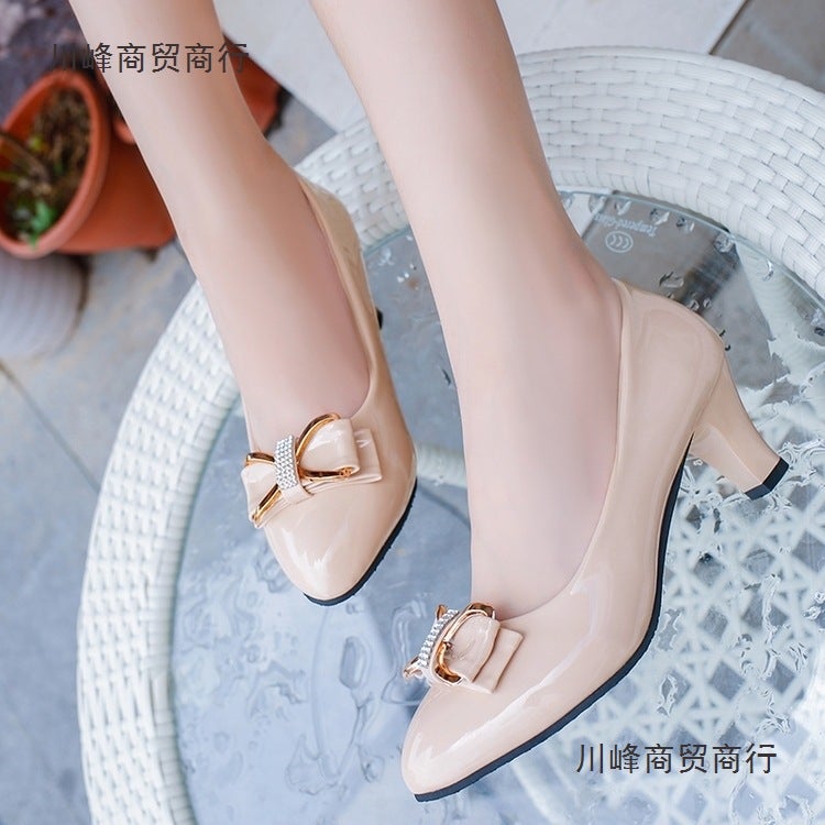 Versatile Women'S High Heels Black And White Work Shoes High Heel Mid-Heel Bowknot Women'S Chunky Heel Shoes - Image 4