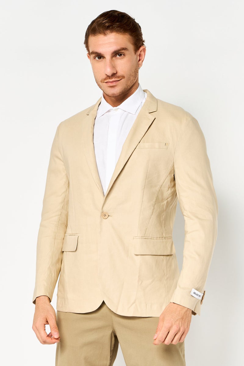 SELECTED Men Regular Fit Plain Casual Blazer, Beige - Image 1