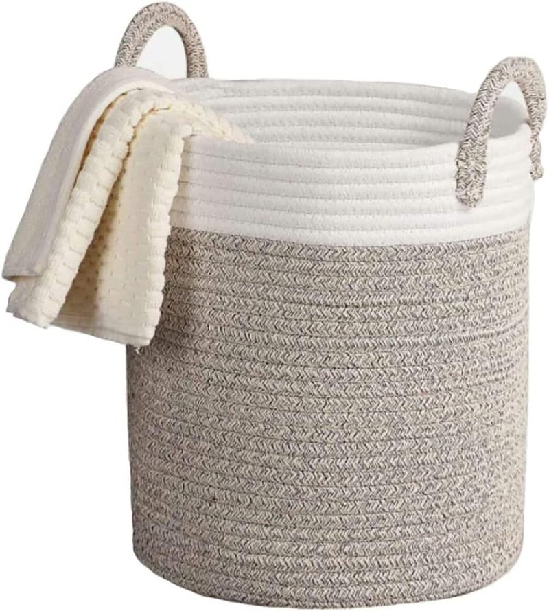 N.C Cotton Rope Basket,Blanket Basket Toy Basket with Handle,Woven Laundry Basket for Laundry, Kids, Blanket, Towels, Home Storage Container 33x38cm (Grey) - Image 1