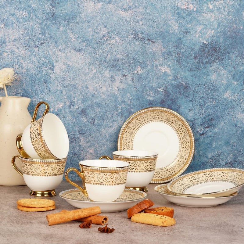 SkyKey Fine Ceramic Cup and Saucer Capacity 160 ML ColorGold Set of 12 6 Cup 6 Saucer - Image 1