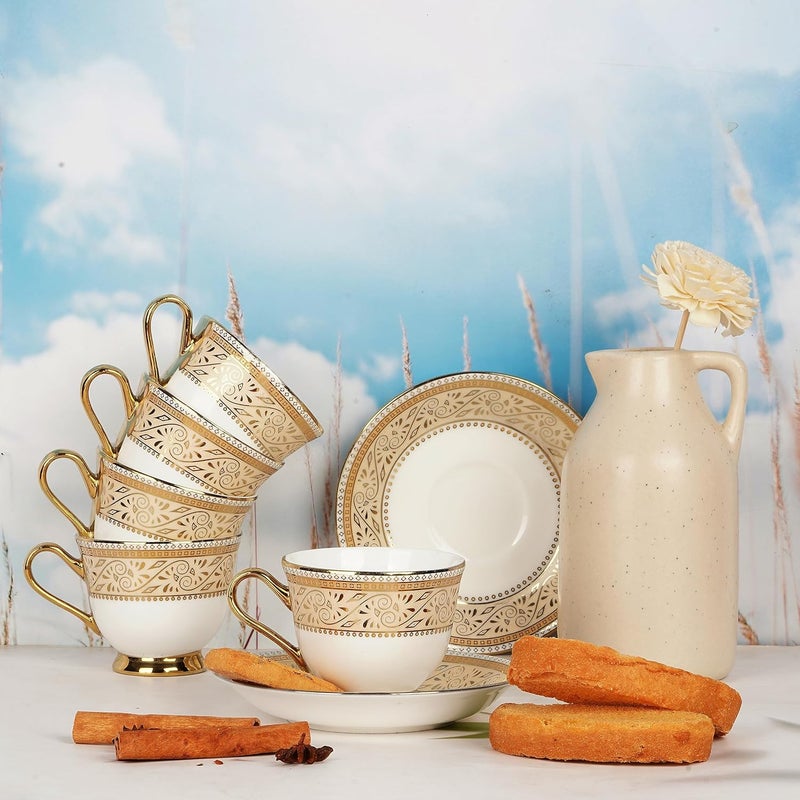 SkyKey Fine Ceramic Cup and Saucer Capacity 160 ML ColorGold Set of 12 6 Cup 6 Saucer - Image 5