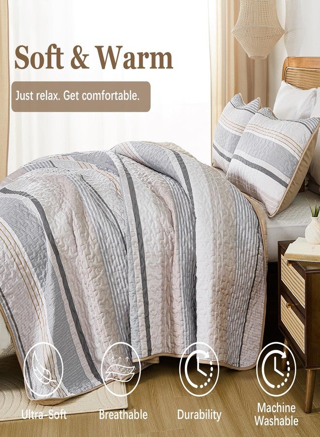 Dintszyayue Quilt Queen Size Khaki Grey, 3 Pieces Boho Striped Bedspread Bedding for Queen Size Bed, Soft Lightweight Microfiber Bohemian Coverlet Set for All Season Quilts with 2 Pillowcases - Image 3