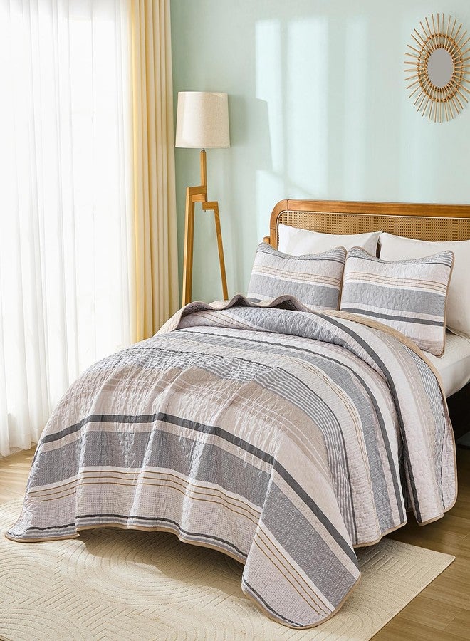 Dintszyayue Quilt Queen Size Khaki Grey, 3 Pieces Boho Striped Bedspread Bedding for Queen Size Bed, Soft Lightweight Microfiber Bohemian Coverlet Set for All Season Quilts with 2 Pillowcases - Image 1