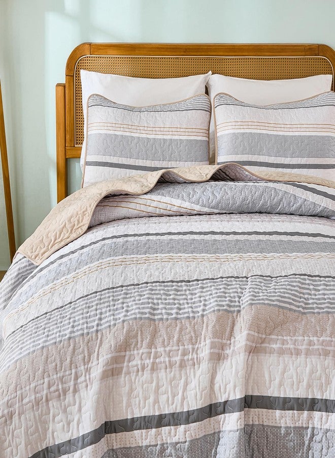 Dintszyayue Quilt Queen Size Khaki Grey, 3 Pieces Boho Striped Bedspread Bedding for Queen Size Bed, Soft Lightweight Microfiber Bohemian Coverlet Set for All Season Quilts with 2 Pillowcases - Image 5