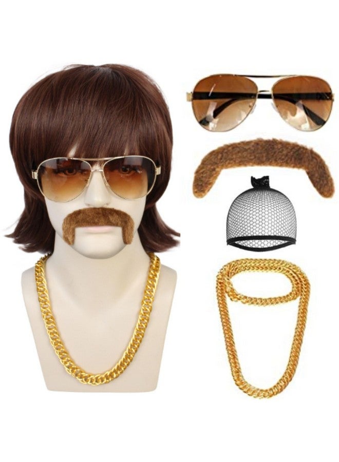 ANOGOL Anogol Wig Cap+5pcs Set Disco Wig Dark Brown 70S Wigs for Men 80S Flipped Ends Mens Disco Wig Shaggy Wig 1970S Wig Men with Bangs Retro Wig Halloween Costume Party Wig (Glasses+Chain+Mustache)  - Image 1