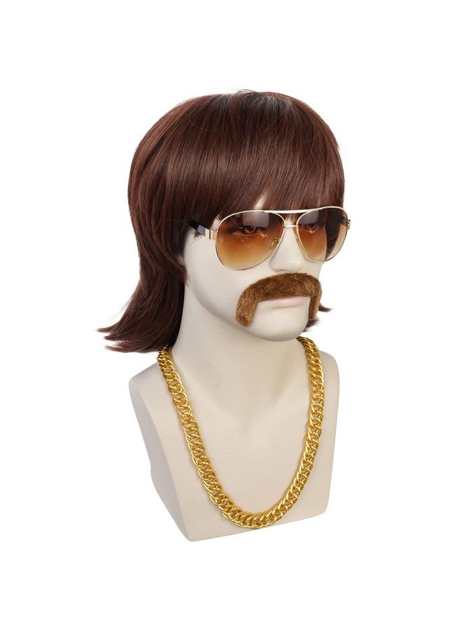 ANOGOL Anogol Wig Cap+5pcs Set Disco Wig Dark Brown 70S Wigs for Men 80S Flipped Ends Mens Disco Wig Shaggy Wig 1970S Wig Men with Bangs Retro Wig Halloween Costume Party Wig (Glasses+Chain+Mustache)  - Image 3