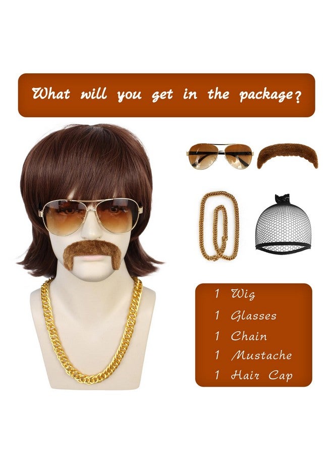 ANOGOL Anogol Wig Cap+5pcs Set Disco Wig Dark Brown 70S Wigs for Men 80S Flipped Ends Mens Disco Wig Shaggy Wig 1970S Wig Men with Bangs Retro Wig Halloween Costume Party Wig (Glasses+Chain+Mustache)  - Image 2