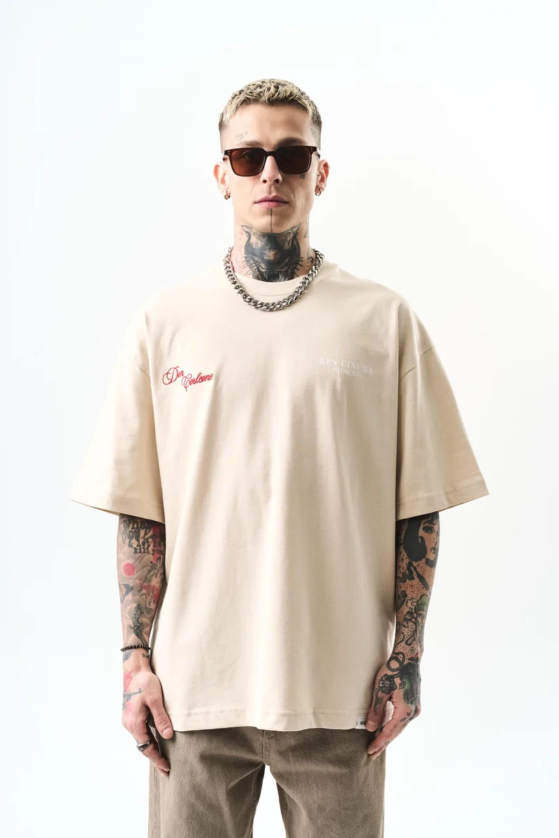 ريسباير تي شيرت رجالي مقاس كبير (Oversize) بطبعة "Godfather"، بيج