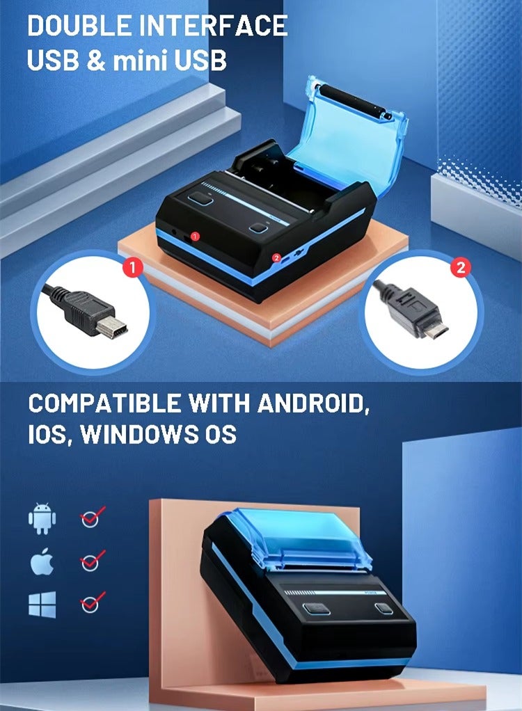 مايلستون طابعة إيصالات محمولة بلوتوث 58 مم، طابعة حرارية USB صغيرة قابلة لإعادة الشحن، طابعة ملصقات لاسلكية 2 بوصة لاستقبال رموز QR، متوافقة مع Android/iOS/ESC/POS. - Image 3