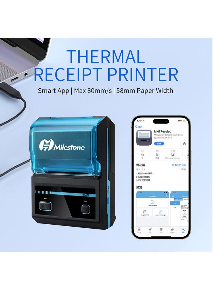 مايلستون طابعة إيصالات محمولة بلوتوث 58 مم، طابعة حرارية USB صغيرة قابلة لإعادة الشحن، طابعة ملصقات لاسلكية 2 بوصة لاستقبال رموز QR، متوافقة مع Android/iOS/ESC/POS. - Image 4