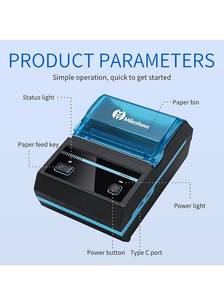 مايلستون طابعة إيصالات محمولة بلوتوث 58 مم، طابعة حرارية USB صغيرة قابلة لإعادة الشحن، طابعة ملصقات لاسلكية 2 بوصة لاستقبال رموز QR، متوافقة مع Android/iOS/ESC/POS. - Image 5