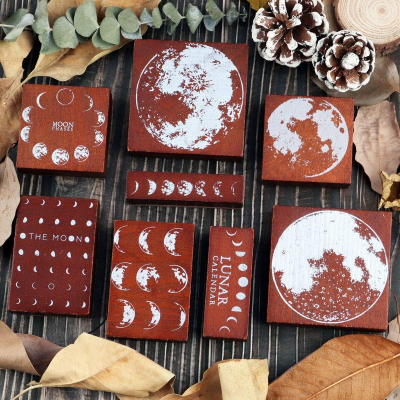 Dizdkizd Wooden Rubber Stamps, 8pcs Phases of The Moon Decorative Mounted Stamp, Vintage Seal with Changing Faces of The Moon for DIY Craft, Interest Research, Journal, Scrapbooking, Calendar - Image 1