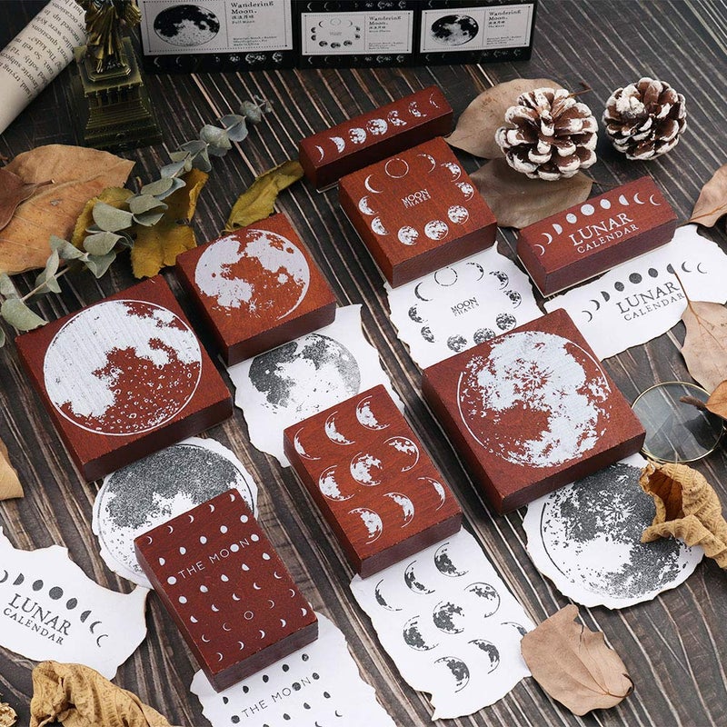 Dizdkizd Wooden Rubber Stamps, 8pcs Phases of The Moon Decorative Mounted Stamp, Vintage Seal with Changing Faces of The Moon for DIY Craft, Interest Research, Journal, Scrapbooking, Calendar - Image 2
