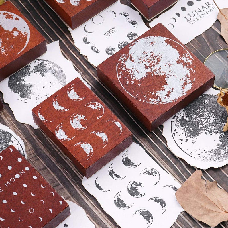 Dizdkizd Wooden Rubber Stamps, 8pcs Phases of The Moon Decorative Mounted Stamp, Vintage Seal with Changing Faces of The Moon for DIY Craft, Interest Research, Journal, Scrapbooking, Calendar - Image 3