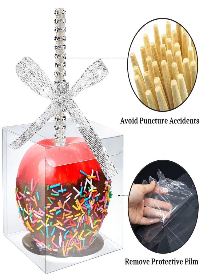 MGWOTH Candy Apple Boxes with Bling Stick Hole Set, 20 Pack Caramel Apple Wrapping Kit with Clear Containers & Rhinestone Bamboo Skewers & Glitter Ribbons, Decorative Top for Cake Pop Cookies Chocolate Treat - Image 2