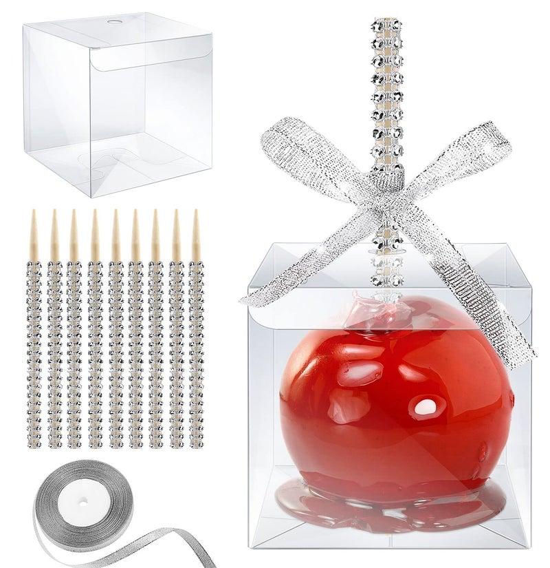 MGWOTH Candy Apple Boxes with Bling Stick Hole Set, 20 Pack Caramel Apple Wrapping Kit with Clear Containers & Rhinestone Bamboo Skewers & Glitter Ribbons, Decorative Top for Cake Pop Cookies Chocolate Treat - Image 1