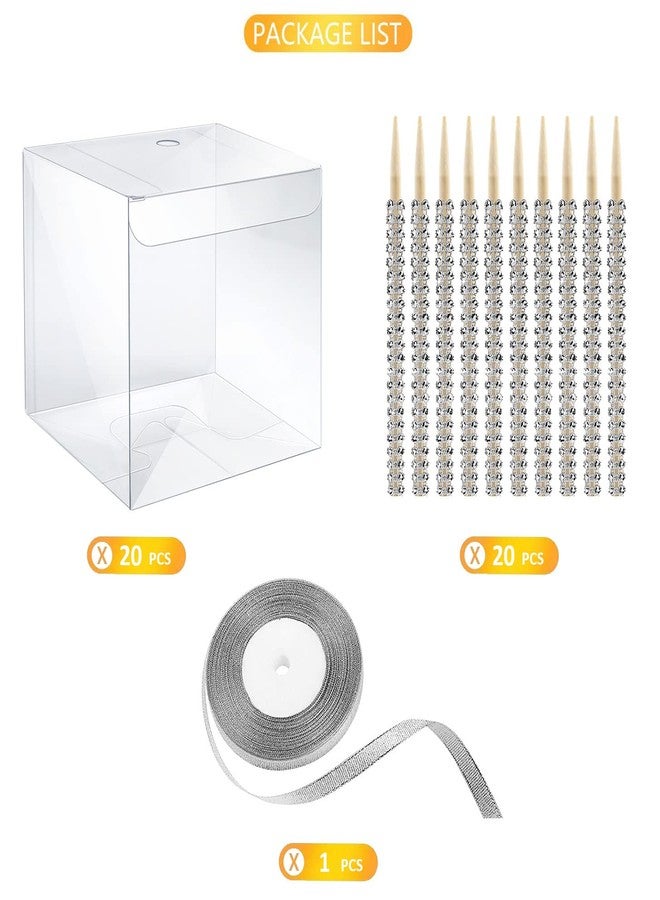 MGWOTH Candy Apple Boxes with Bling Stick Hole Set, 20 Pack Caramel Apple Wrapping Kit with Clear Containers & Rhinestone Bamboo Skewers & Glitter Ribbons, Decorative Top for Cake Pop Cookies Chocolate Treat - Image 4