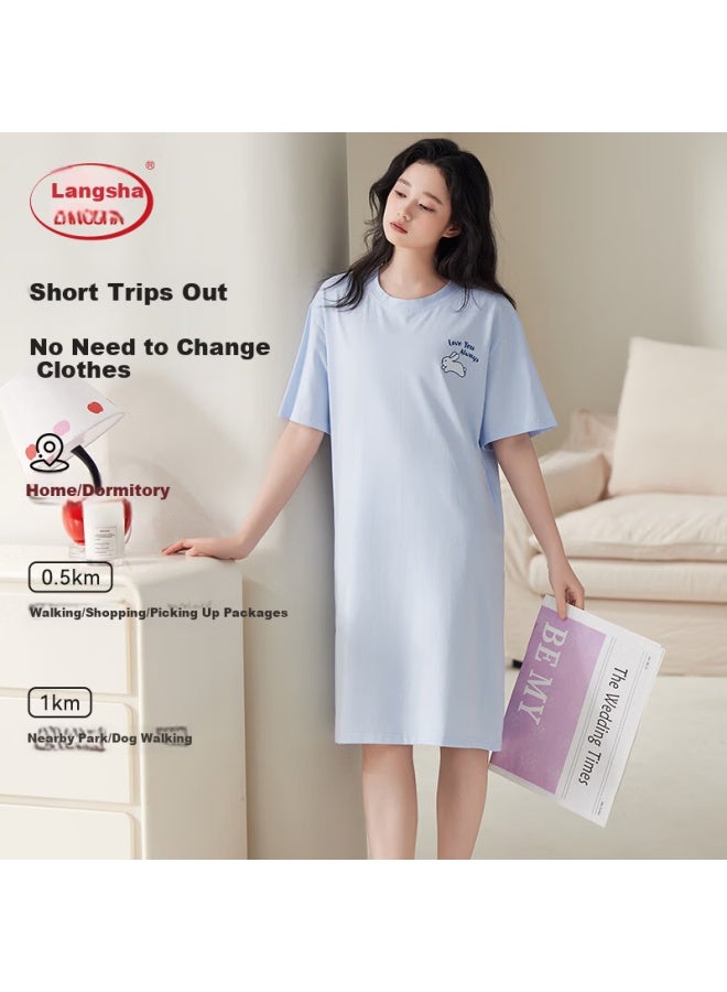 LANG SHA Langsha Women's 100% Cotton Summer Short Sleeve Solid Color Padded Chest Simple Loose Sleepwear Blue - Image 5