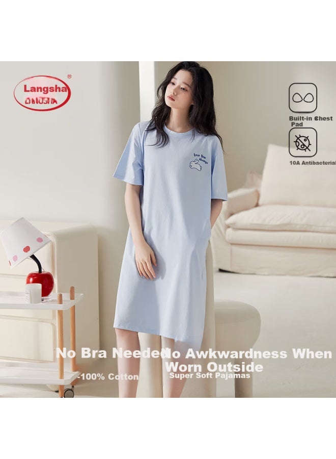 LANG SHA Langsha Women's 100% Cotton Summer Short Sleeve Solid Color Padded Chest Simple Loose Sleepwear Blue - Image 4