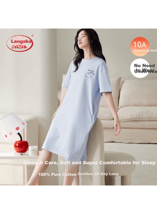 LANG SHA Langsha Women's 100% Cotton Summer Short Sleeve Solid Color Padded Chest Simple Loose Sleepwear Blue - Image 2