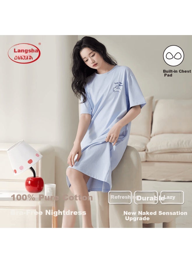 LANG SHA Langsha Women's 100% Cotton Summer Short Sleeve Solid Color Padded Chest Simple Loose Sleepwear Blue - Image 3