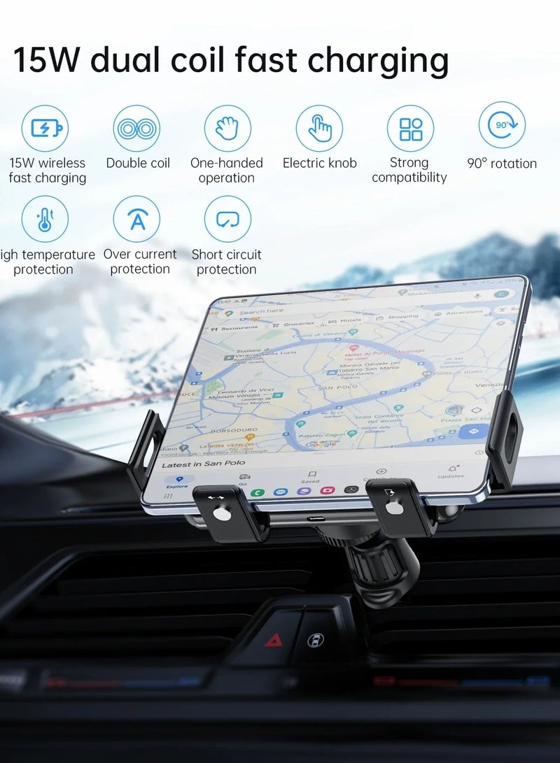 AROAQ Wireless Car Charger, Dual Coil Foldable Screen Car Wireless Charger, Non Slip Stable Automatic Induction Air Vent Phone Charger Holder, Shock Absorbing Smart Sensor Mobile Charger Stand For Car - Image 2