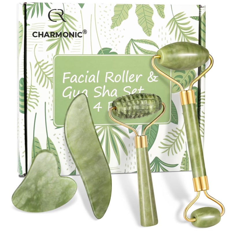 Charmonic 4-pcs Jade Roller & Gua Sha Set, Facial Roller Massager with Gua Sha Scraping Tool, Jade Stone Massager for Anti-aging, Slimming & Firming, Rejuvenate Face and Neck, Remove Wrinkles & Eye Puffiness - Image 1
