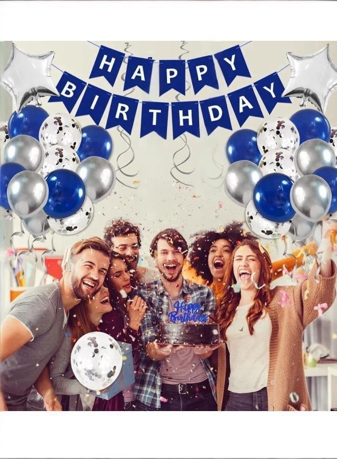 Farahom Blue Birthday Decorations, Blue and Silver Happy Birthday Party Decorations Set for Girls, Boys, Women, Men, Kids, Party Decor with Happy Birthday Banner Blue, Blue and Silver Balloons, Confetti Balloons, Heart Star Shape Balloons, Foil Fringe Curtains, Cake Toppers, Party Supplies - Image 3
