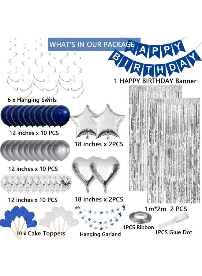 Farahom Blue Birthday Decorations, Blue and Silver Happy Birthday Party Decorations Set for Girls, Boys, Women, Men, Kids, Party Decor with Happy Birthday Banner Blue, Blue and Silver Balloons, Confetti Balloons, Heart Star Shape Balloons, Foil Fringe Curtains, Cake Toppers, Party Supplies - Image 2