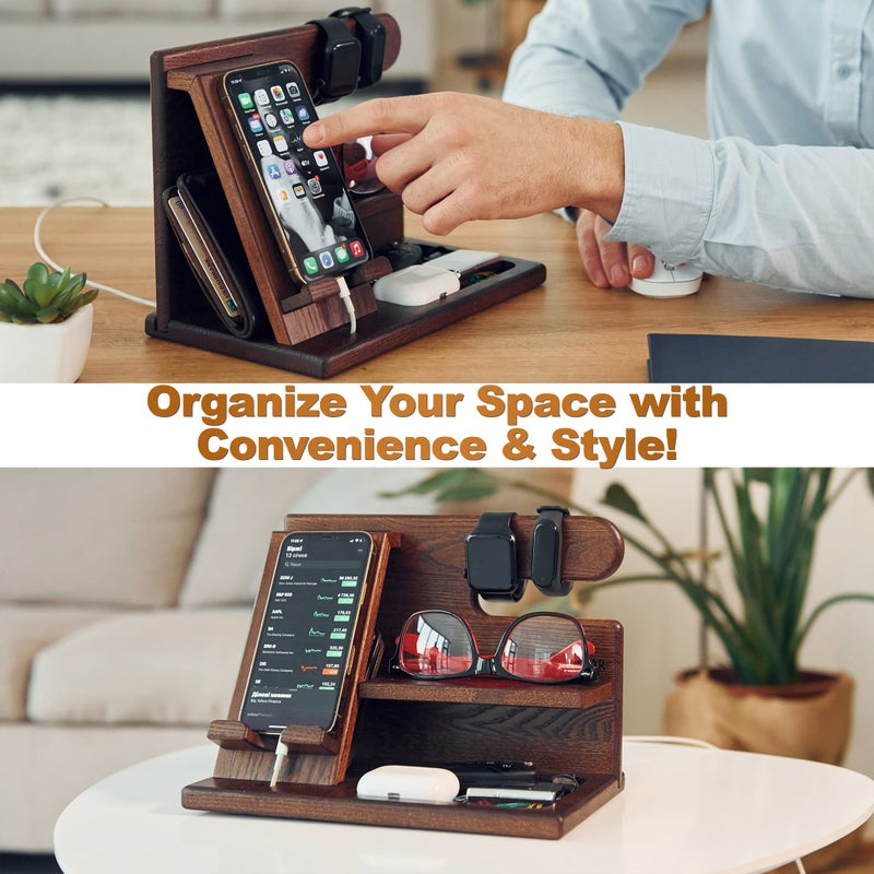 TESLYAR Wood Phone Docking Station for Men - Desktop or Nightstand Organizer - Birthday Gifts for Men, Dad - Anniversary Idea from Wife - Key Holder, Stand Wallet, Watch & Essentials (Bourbon Brown) - Image 2