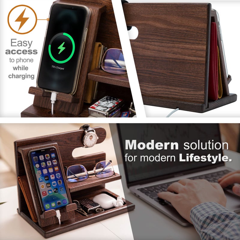 TESLYAR Wood Phone Docking Station for Men - Desktop or Nightstand Organizer - Birthday Gifts for Men, Dad - Anniversary Idea from Wife - Key Holder, Stand Wallet, Watch & Essentials (Bourbon Brown) - Image 3