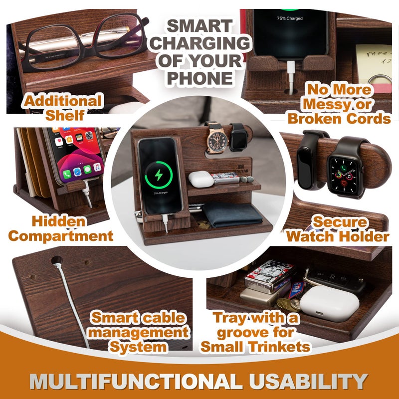 TESLYAR Wood Phone Docking Station for Men - Desktop or Nightstand Organizer - Birthday Gifts for Men, Dad - Anniversary Idea from Wife - Key Holder, Stand Wallet, Watch & Essentials (Bourbon Brown) - Image 5