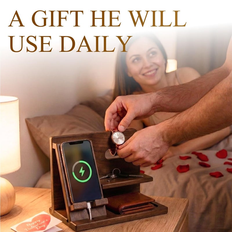 TESLYAR Wood Phone Docking Station for Men - Desktop or Nightstand Organizer - Birthday Gifts for Men, Dad - Anniversary Idea from Wife - Key Holder, Stand Wallet, Watch & Essentials (Bourbon Brown) - Image 4