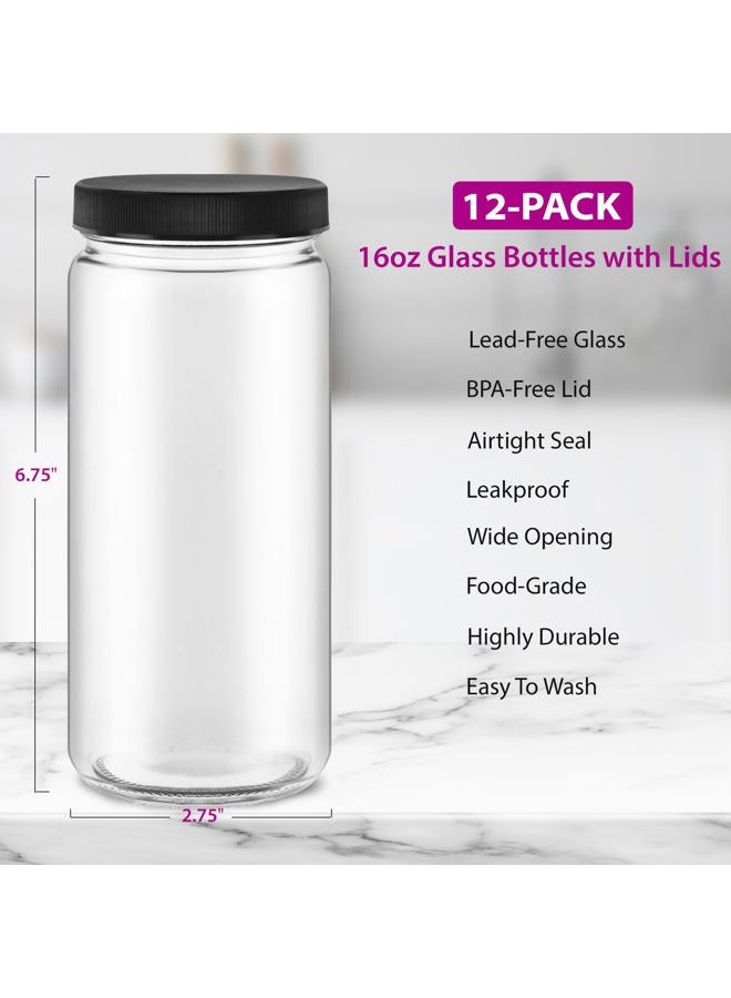 DilaBee 12-Pack 16oz Round Empty Glass Water Bottles - Glass Juice Bottles with Lids for Juicing, Smoothie, Milk & Kombucha - Juice Containers for Fridge, Smoothie Bottle, Clear Water Bottle BPA-Free - Image 2