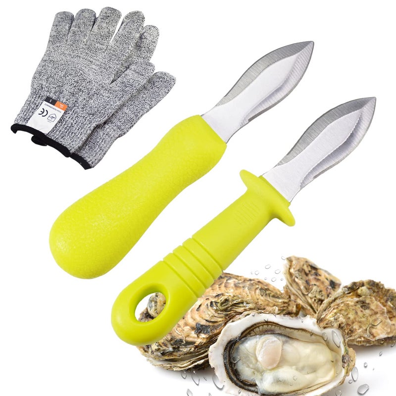 YIVCKOM Oyster Shucking Kit  Knife Set With Stainless Steel Blade and Nonslip Handle 2 Knives  2 Gloves
